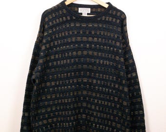 Vintage Men's Textured Stripe Crewneck Sweater Acrylic Knit Pullover