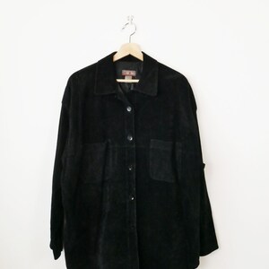 Chemise/veste chemise femme noire en cuir suédé souple à manches longues vintage