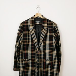 Vintage Black/Brown/Ecru Plaid Boxy Blazer/Women&#39;s Tailored Jacket