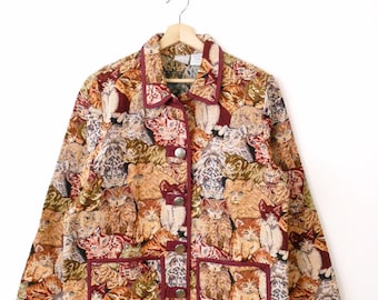Vintage Cat/Kitten Allover Pattern Jacquard Tapestry Jacket/Women's Tapestry Coat