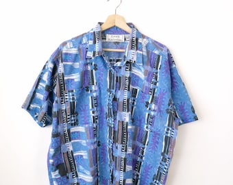 Vintage 90s Laura Katherine Blue Abstract Print Short Sleeve Blouse Women's Shirt