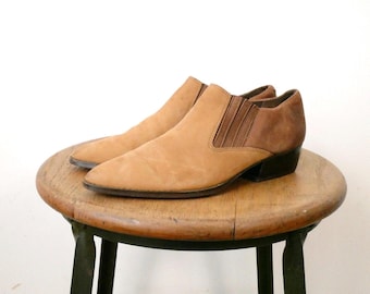 Vintage Tan Suede Cowboy Pointed Toe Ankle Boots/Booties
