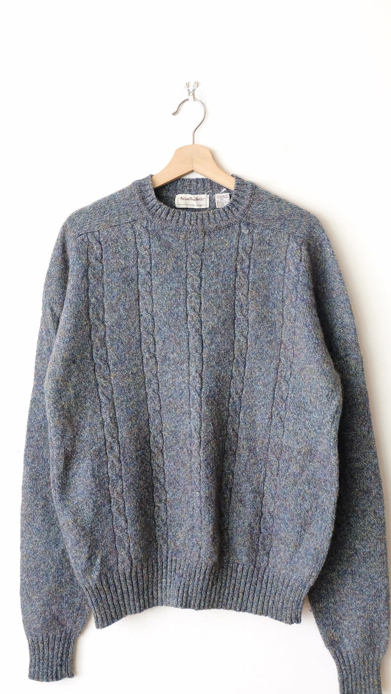 pull/pull vintage en maille torsadée bleu gris à encolure ras du cou en laine mélangée image 2