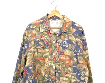 Women's Baby Blue/Botanical Pattern Button down Cotton Jacket/Lightweight Jacket