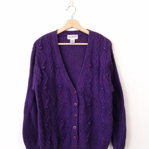 Vintage Women's Purple Cable Knit Cotton Sweater Cardigan UK