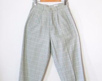 Vintage Greyish Green/Pale Pink Checked Linen Blends High waist tapered Pants/Pleated Pants/W25