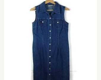 ON SALE Vintage Denim Sleeveless Button down long Dress from 90's/Summer dress