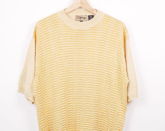 Vintage 90s Difference Men's Pale Yellow Silk Short Sleeve Knit Top