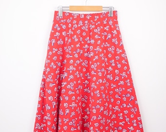 Vintage 90s Women's Red Floral Midi Skirt Lightweight Summer Skirt