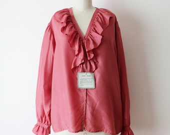 Vintage Rouge Pink Pure Silk Long Sleeve frilled Blouse from 1980&#39;s/Deadstock