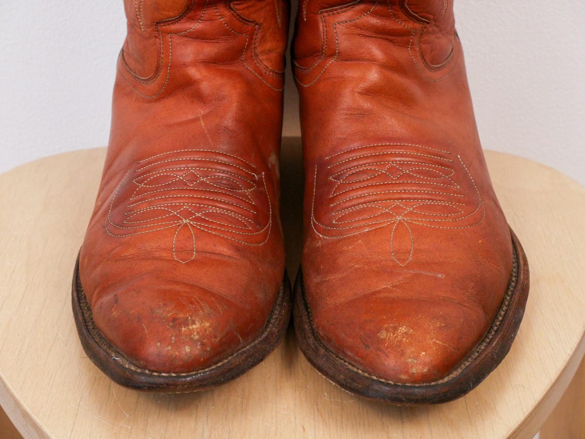 Vintage 70s Justin Men's Brown Leather Western Cowboy Boots Made in USA, foto 2 di 5
