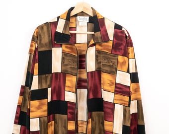 Vintage Abstract Color Block Zip Jacket Geometric Lightweight Jacket