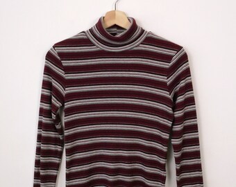 Vintage Burgundy/Gray Striped Turtle neck ribbed knit/ Lightweight Sweater