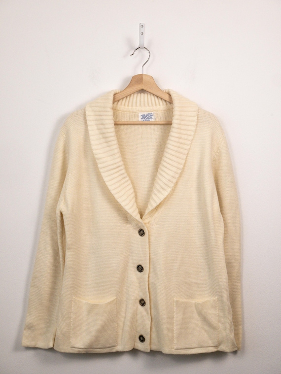 Sears Roebuck, Vintage Vintage 80s Sears Women's Ivory Shawl Collar Pocket Knit Cardigan