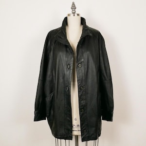 vintage Jacqueline Ferrar - Manteau oversize boutonné en cuir souple noir