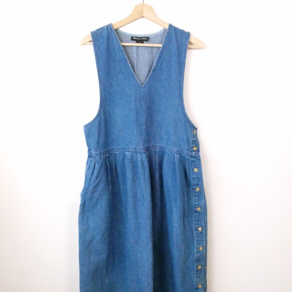 Vintage Blue Denim Sleeveless Dress/Denim Midi Dress from 90s