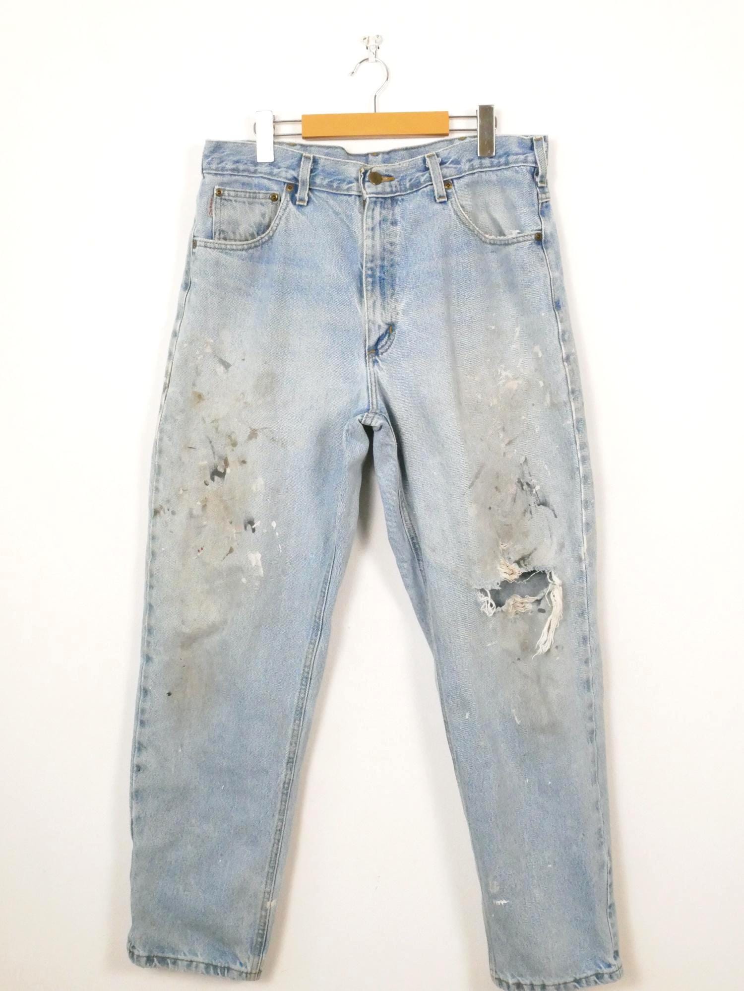 2000s Carhartt Men's Light Wash Paint Splatter Distressed Jeans - Etsy