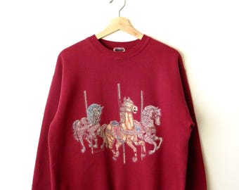 Vintage Carousel print Crewneck Sweatshirt/Burgundy
