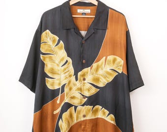 Tommy Bahama Mens Silk Camp Shirt Black Brown Tropical Leaf Shirt