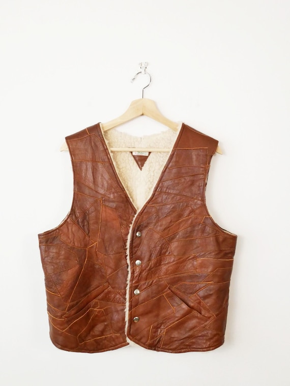 Vintage Patchwork Leather Shearling Vest/Men's Le… - image 1