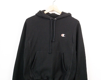 Champion Reverse Weave Black Pullover Hoodie Embroidered Logo