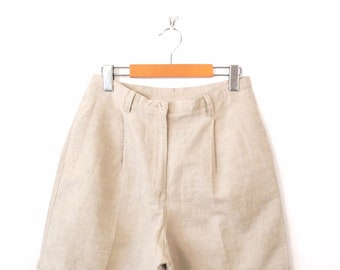 Vintage Ivory Linen Blends High waist Pleated Shorts/Minimal Shorts/W28
