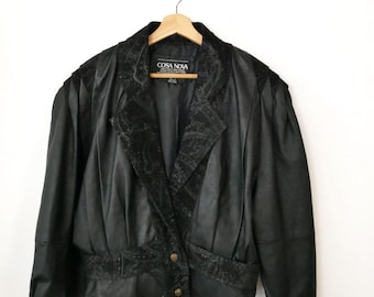 Vintage 80s Cosa Nova Women's Black Leather Motorcycle Jacket Cropped Bomber