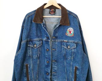 Vintage 90s Panetti Productions Men’s Denim Jacket Petro Patch Brown Collar