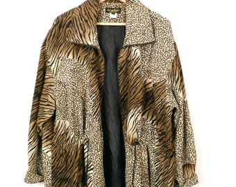 Vintage 90s Womens Leopard Tiger Print Drawstring Jacket