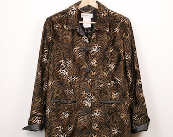 Cappotto lungo vintage da donna con stampa animalier marrone e finiture in similpelle