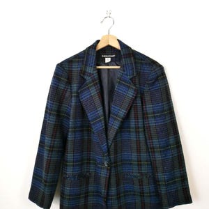 Vintage 90s Blue Plaid Boxy Blazer/Women&#39;s Tailored Jacket
