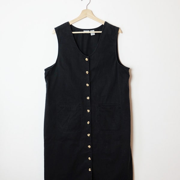 Vintage Black Button down Sleeveless Cotton Dress/Market Dress/Minimal Dress