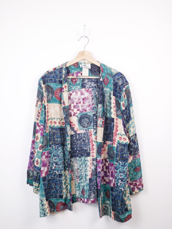 90s Women's Abstract Patchwork Print Open Front J… - image 1