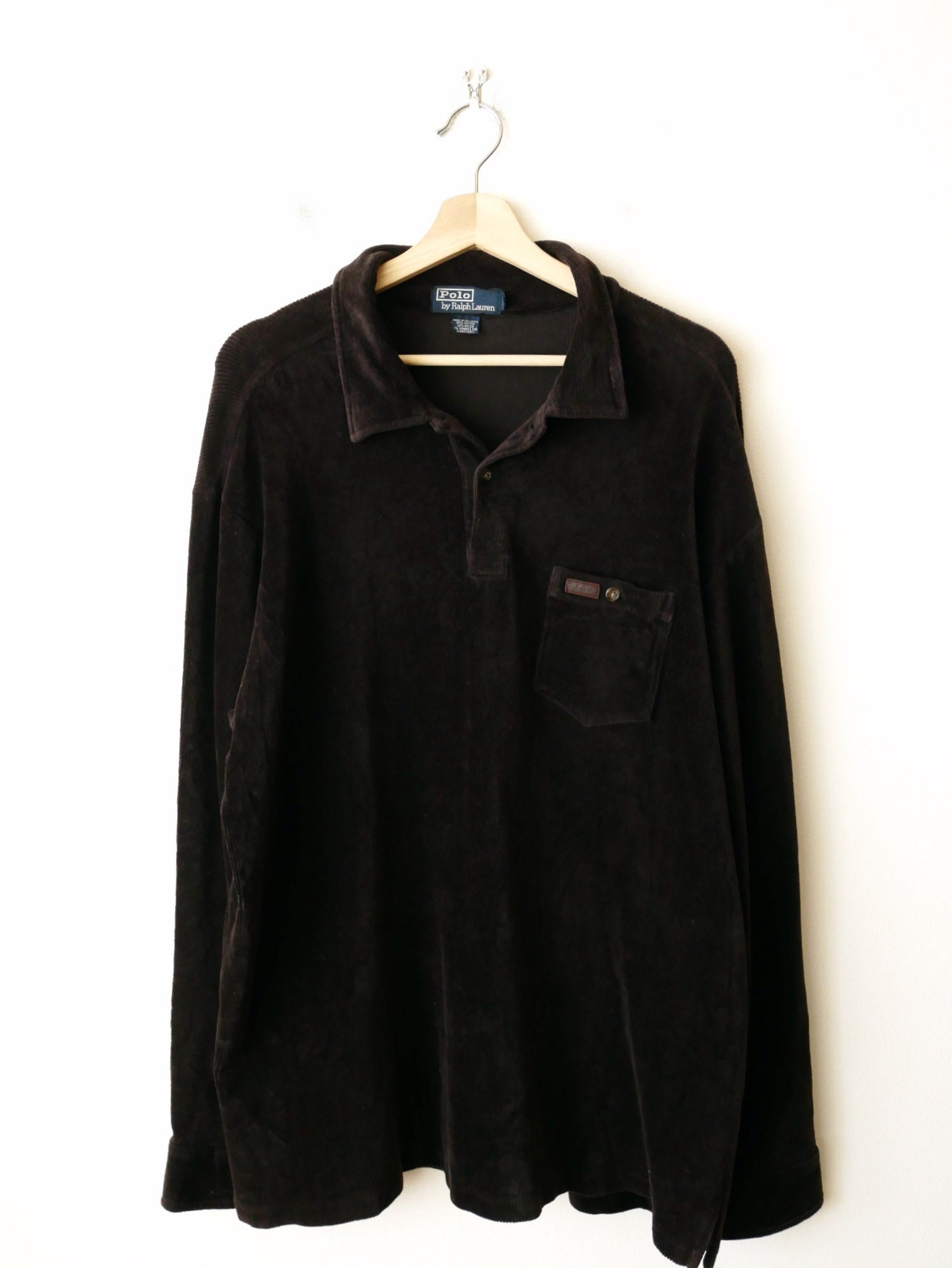 POLO Ralph Lauren Dark Brown Velour Long Sleeve Polo Shirts/men
