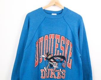 Vintage 80s Duquesne Dukes College Graphic Crewneck Sweatshirt Blue Pullover