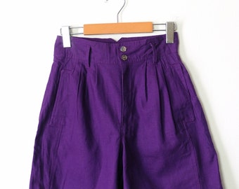 Vintage Hunters Run Purple/Violet High Waisted Linen blend Pleated Shorts/Minimal Shorts/W25