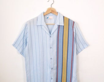 Vintage 80s Baby Blue/Multicolor Stripe  Short Sleeve Blouse/Women's Shirt