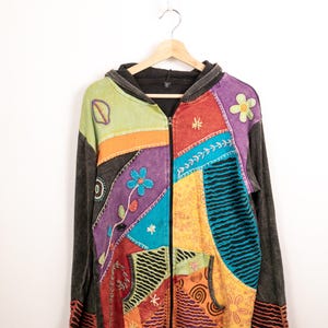 Vintage Women's Colorful Patchwork Embroidered Boho Hippie Zip Up Hoodie