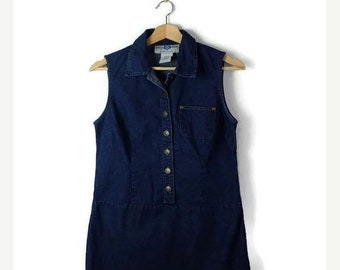 ON SALE Blue Denim Sleeveless Button down Mini Dress from 90's