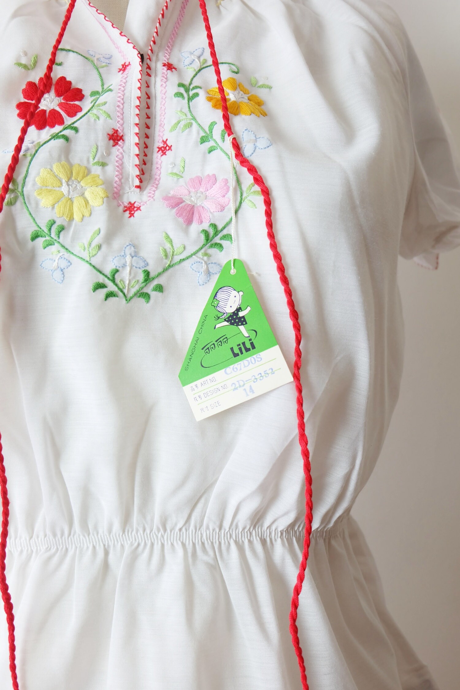 トップス Dead stock vintage embroidered tunic Unworn-vintage Floral Embroidered Short Sleeve Tunic Blouse