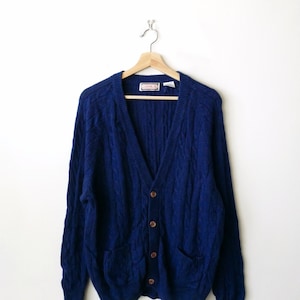 Vintage Royal Blue Cable knitted Cotton Sweater Cardigan/Women's Jumper/Minimal Sweater