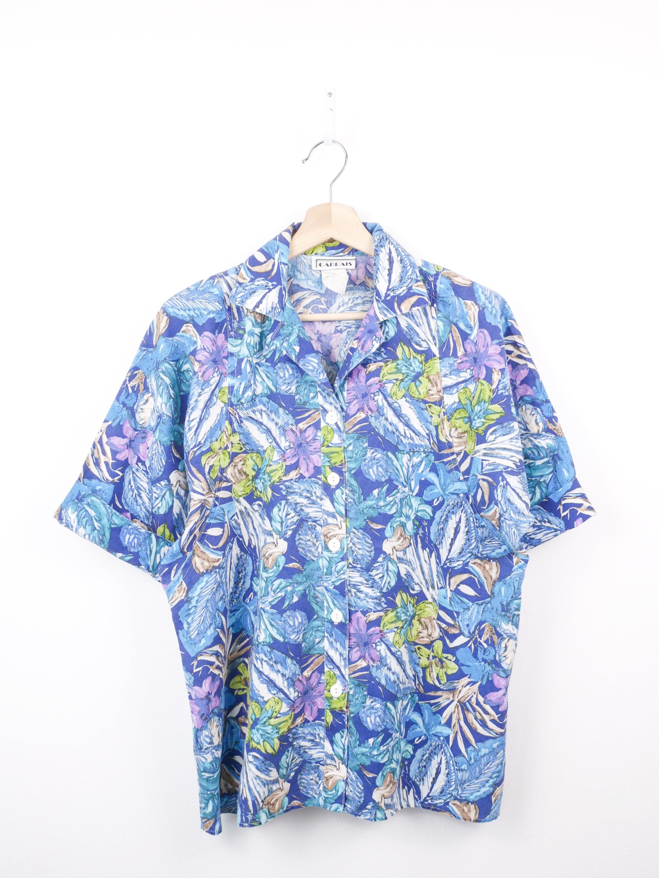 トップス bisaorica Vintage 90s Cabrais Women's Tropical Floral Button Shirt Blue - Etsy