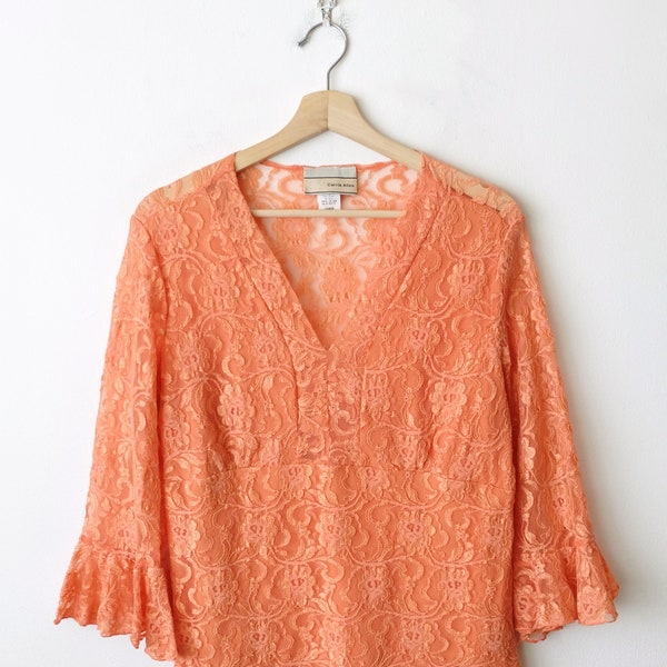 Vintage Coral Orange Lace Long Sleeeve Top/Women's Lace Top