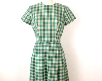 Vestido midi vintage de cuadros verdes y marfil de Muriel Ryan, Serbin of Florida, años 60