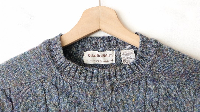 pull/pull vintage en maille torsadée bleu gris à encolure ras du cou en laine mélangée image 4