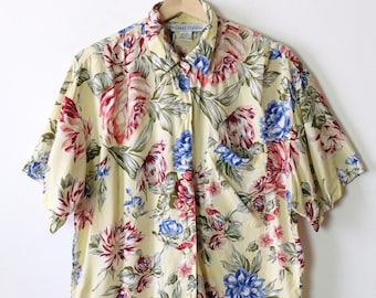 Vintage Floral Button Up Shirt Women's Short Sleeve Blouse Pastel Yellow