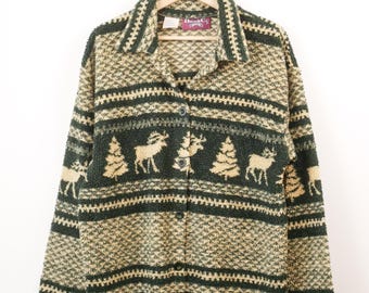 Vintage Denim & Co. Made in USA Green Fair Isle Moose Sweater Jacket