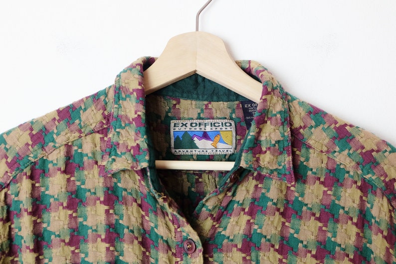 Vintage BeigePurpleGreen Checked Short Sleeve Cotton BlouseWomen/'s Shirt
