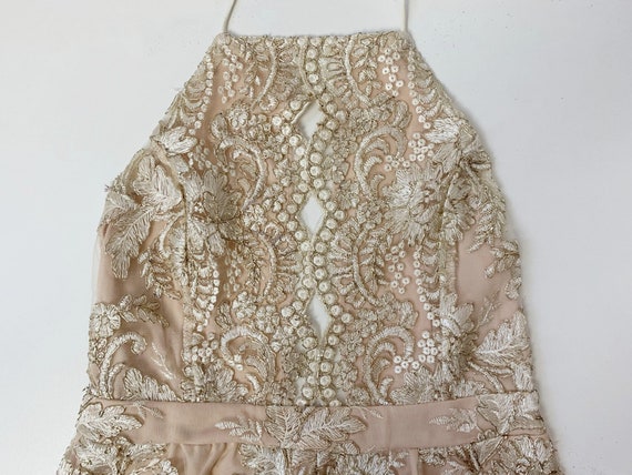 Vintage Nude Pink/Ivory Floral Embroidered Halter… - image 4