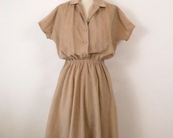 Vintage Sand Beige Short Sleeve Button down Dress/Midi Dress
